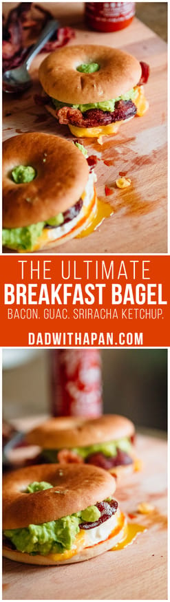 A breakfast bagel is the perfect way to start the morning! A beautifully runny egg with sriracha ketchup, guacamole, crisp bacon. 