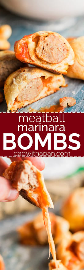 Meatball Marinara Bombs with pre-cooked Italian meatballs, pizza dough, mozzarella cheese and marinara sauce. Super fun snack idea and great for watch parties! @dadwithapan