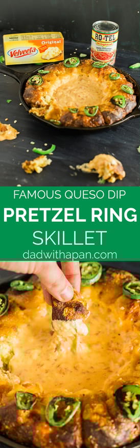 Turning your house into a Rotel Famous Queso house is ridiculously easy, with this pretzel ring skillet recipe making it the perfect one-pan dip!