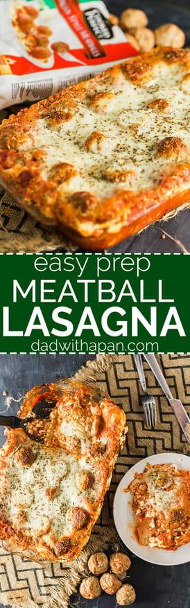 Easy to prep Meatball lasagna with no boil noodles, frozen meatballs with cottage cheese filling and Italian herbs and spices
