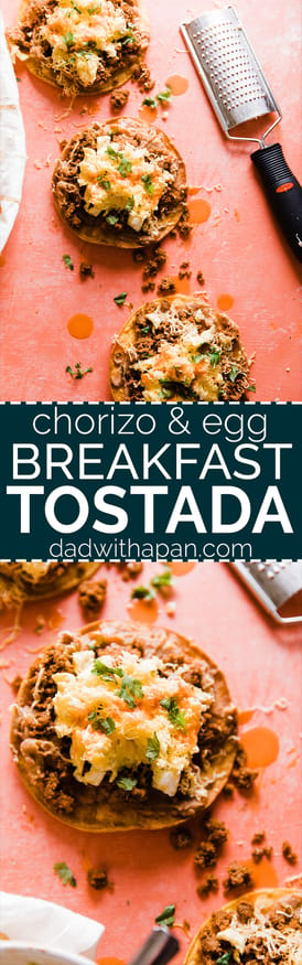This Breakfast Tostada is loaded up with chorizo seasoned turkey, refried beans, scrambled eggs and cheese. The perfect way to start the day. SUPER EASY TO MAKE!