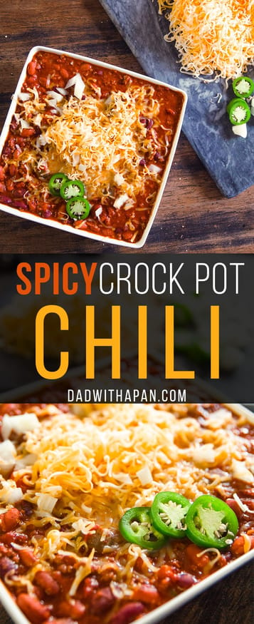 Spicy Crock Pot Chili with Ground beef beans, fresh peppers and a spicy seasoning, This slow cooker chili is a great weeknight dinner!