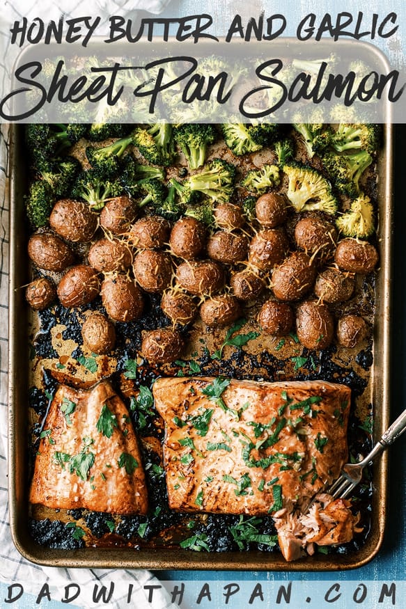 Easy weeknight Sheet Pan recipe with salmon glazed with a lemony honey butter garlic sauce served with baby red potatoes and broccoli. It's easy and a well rounded meal!