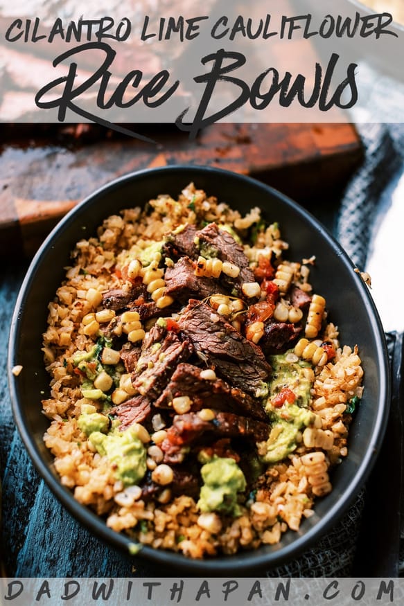 Cilantro Lime Cauliflower rice topped with fresh guacamole, and perfectly seasoned flank steak for a great low carb lunch or dinner!