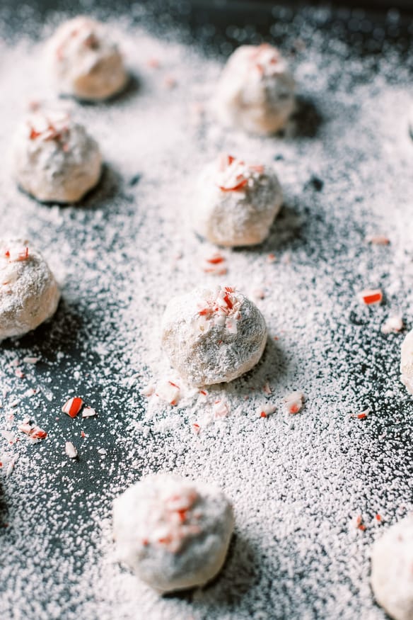Snowball cookies with pecans on the inside, and crushed candy cane out the outside. One of my favorite cookies during Christmas!