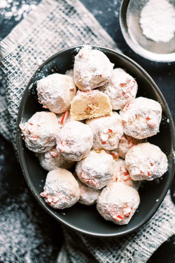 Snowball cookies with pecans on the inside, and crushed candy cane out the outside. One of my favorite cookies during Christmas!
