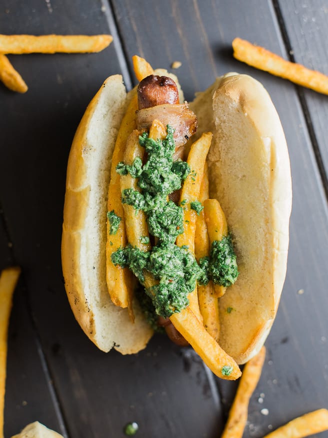 Chimichurri Fries on a bacon wrapped hot dog. YESSS!! - Dad With A Pan #Chimichurri #HotDog #Foodie