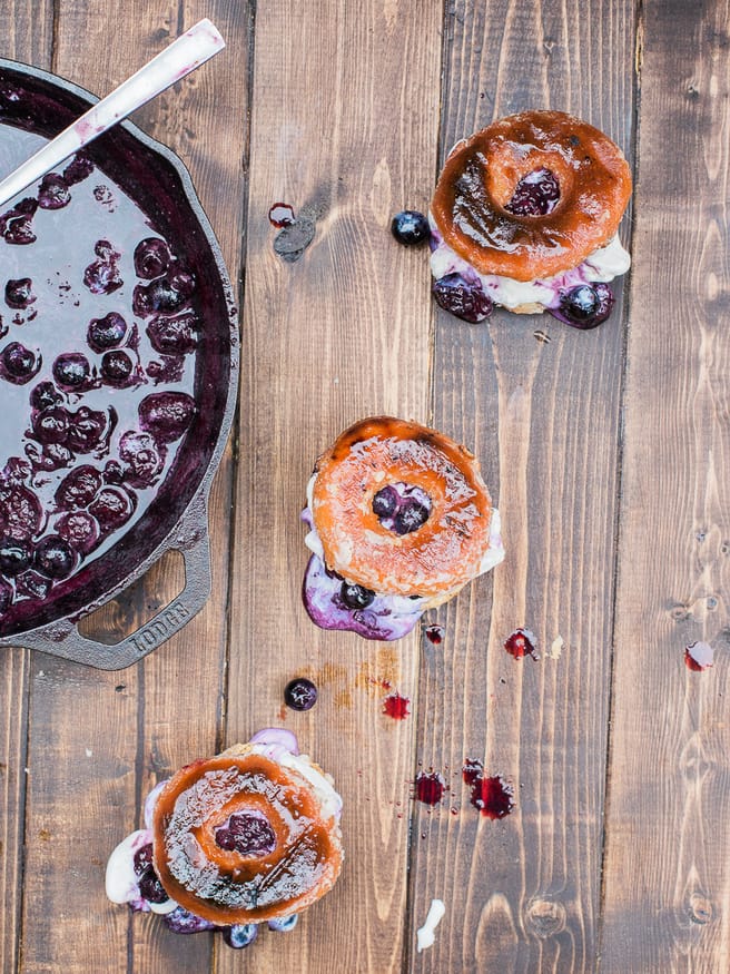 Grilled Donut Ice Cream Sandwich with a warm Blackberry BlueBerry Sauce #Dessert #Donuts #Grilled