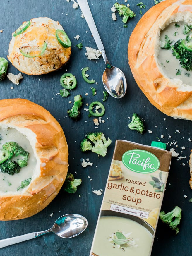 This potato soup bread bowl with roasted Parmesan broccoli and jalapeno has amazing texture and flavor with a bit of heat to warm you up on a cold day! 