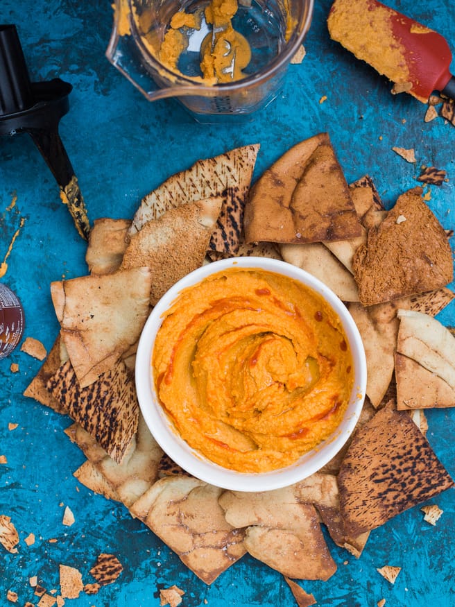 This sriracha hummus can be made in under 10 minutes, has bold flavor and nice heat that you'll want to put on everything!