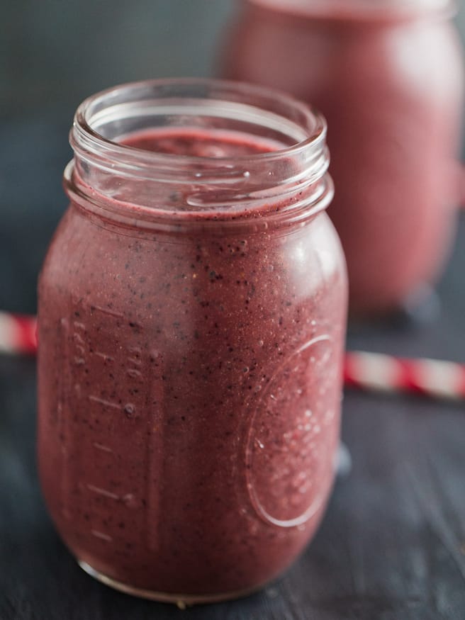Acai smoothie full of nutrients with blueberries, strawberries, and coconut water. Great for keeping healthy on a lazy morning, or after workout snack!