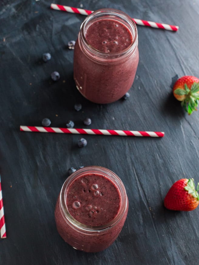 Acai smoothie full of nutrients with blueberries, strawberries, and coconut water. Great for keeping healthy on a lazy morning, or after workout snack!