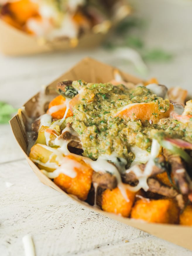 These totchos are loaded with steak mozzarella cheese, and veggies topped with a chimichurri style salsa is a new favorite that I'll be eating A LOT!