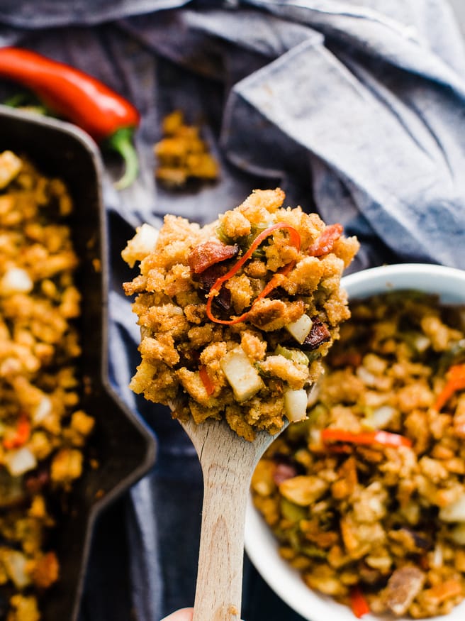 Cornbread stuffing with some heat! Bacon Jalapeno Cornbread stuffing is my absolute favorite side to bring to Thanksgiving get together's!