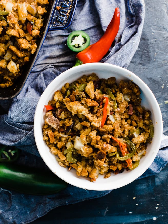Cornbread stuffing with some heat! Bacon Jalapeno Cornbread stuffing is my absolute favorite side to bring to Thanksgiving get together's!