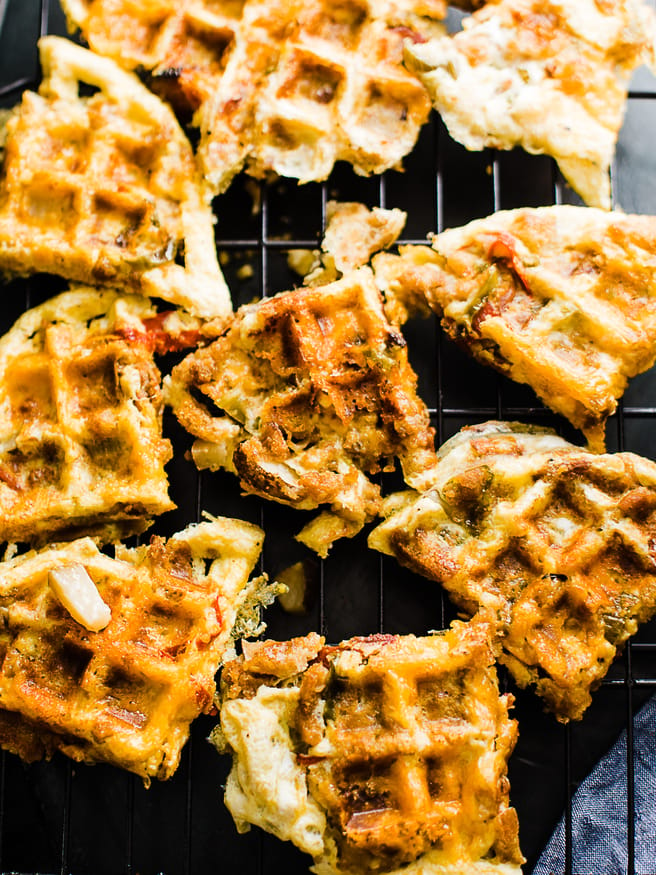 Frittata Waffles cooked with thanksgiving leftovers. This is an awesome way to make an easy breakfast the day after thanksgiving!