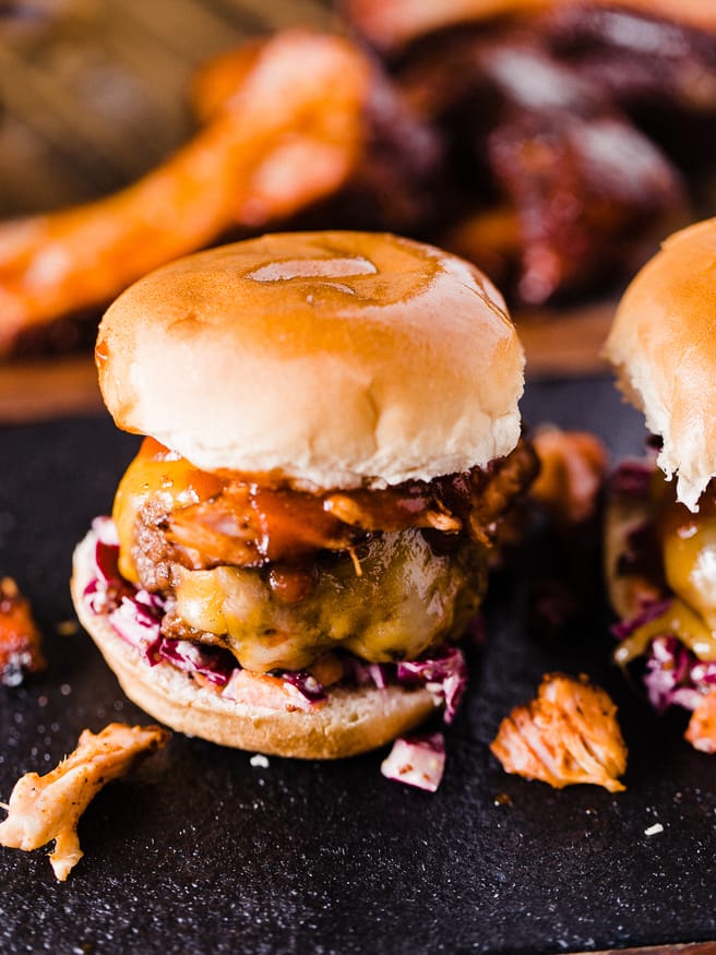 These Baby Back Ribs cheeseburger sliders, topped with a red cabbage slaw will blow your guests socks off this Fourth of July!