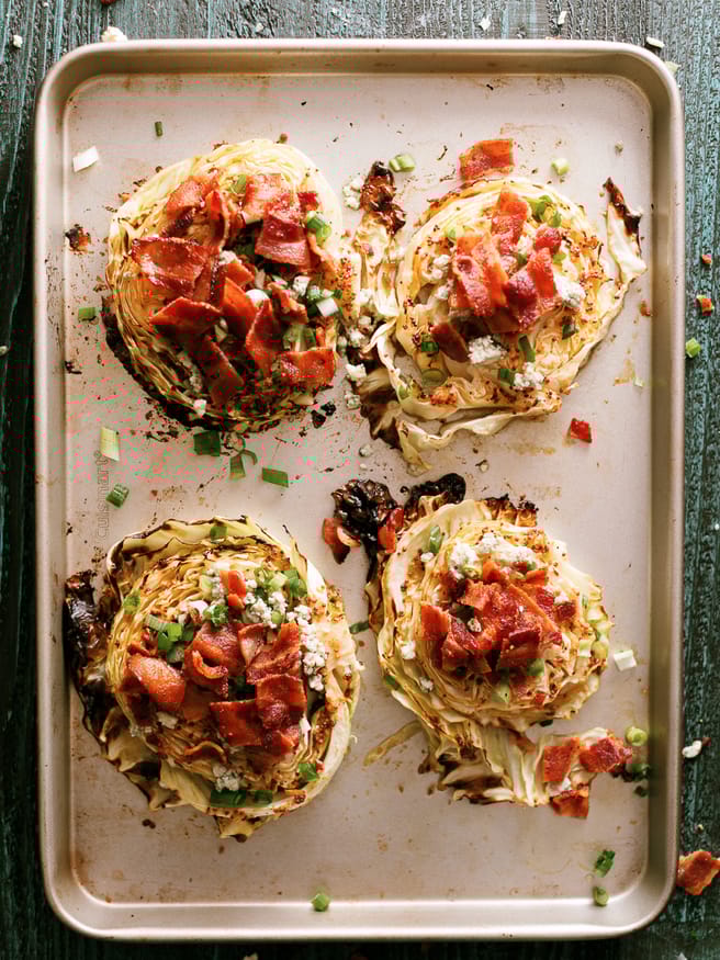 Roasted Cabbage Steaks topped with bacon and bleu-cheese make a great high protein low carb mean that has tons of flavor and easy to prep!