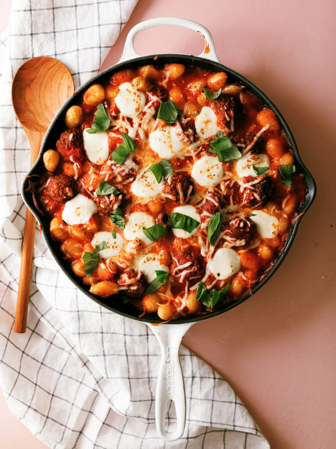 Gnocchi, meatballs and cheese loaded in a skillet and baked to perfection. Such a simple and delicious weeknight dinner for the family!