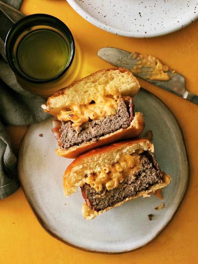 Bacon Wrapped Soda Can Burgers filled with Mac an Cheese for the kids, and grilled onion and mushroom with swiss for the adults!