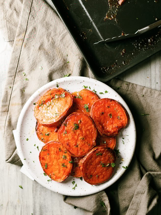 These melted sweet potatoes are buttery, savory and sweet. Perfect side dish for winter and your holiday parties!