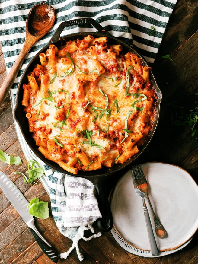 A Lasagna Pasta Skillet is a fun way to get your lasagna fix while changing things up a bit. It's like a lasagna meets baked ziti skillet, and its out of this world.