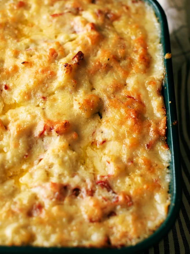 Use your leftover corned beef to make a Colcannon Corned Beef bake! Creamy mashed potatoes, tender cabbage, topped with aged cheddar.