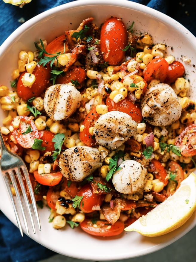 Bacon corn tomato salad with grilled scallops is a light and easy recipe to make for lunch or dinner. Its zesty, fresh, and full of flavor! 