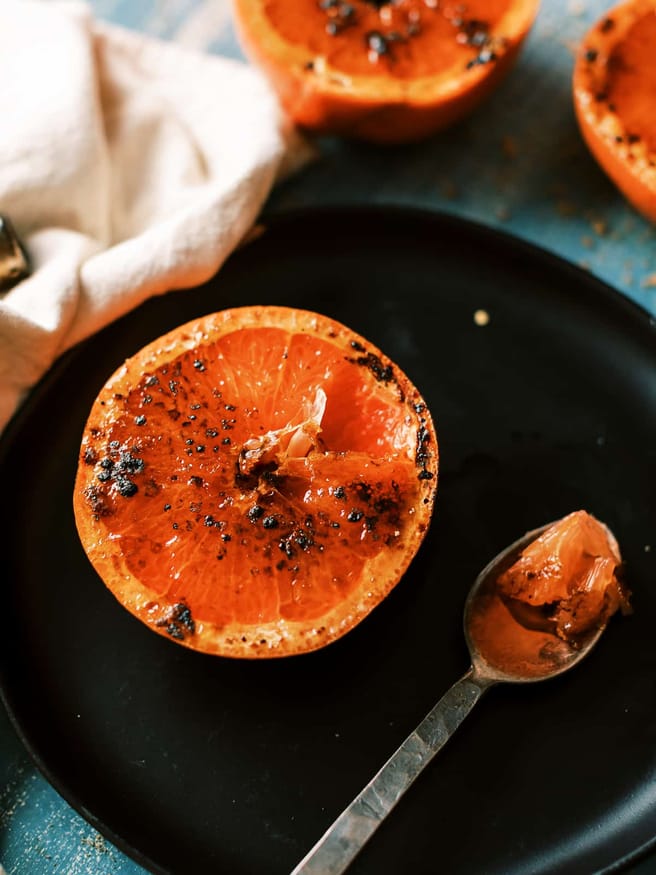Grapefruit brulee is a simple and perfect way to start your morning. its topped with a sugar coating, torched brulee style.