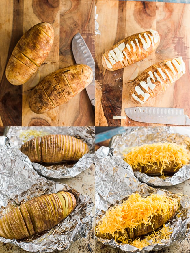Hasselback potatoes loaded with cheese, bacon, sour cream, and fresh chopped chives, this is my new favorite way to have a baked potato!