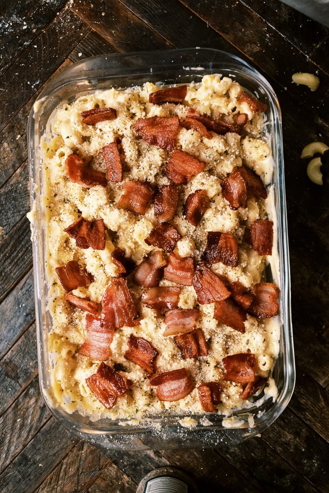 Delicious Smoked Gruyere Mac and Cheese recipe, enhanced with crispy bacon and rich, creamy sauce, perfect for holiday feasts.