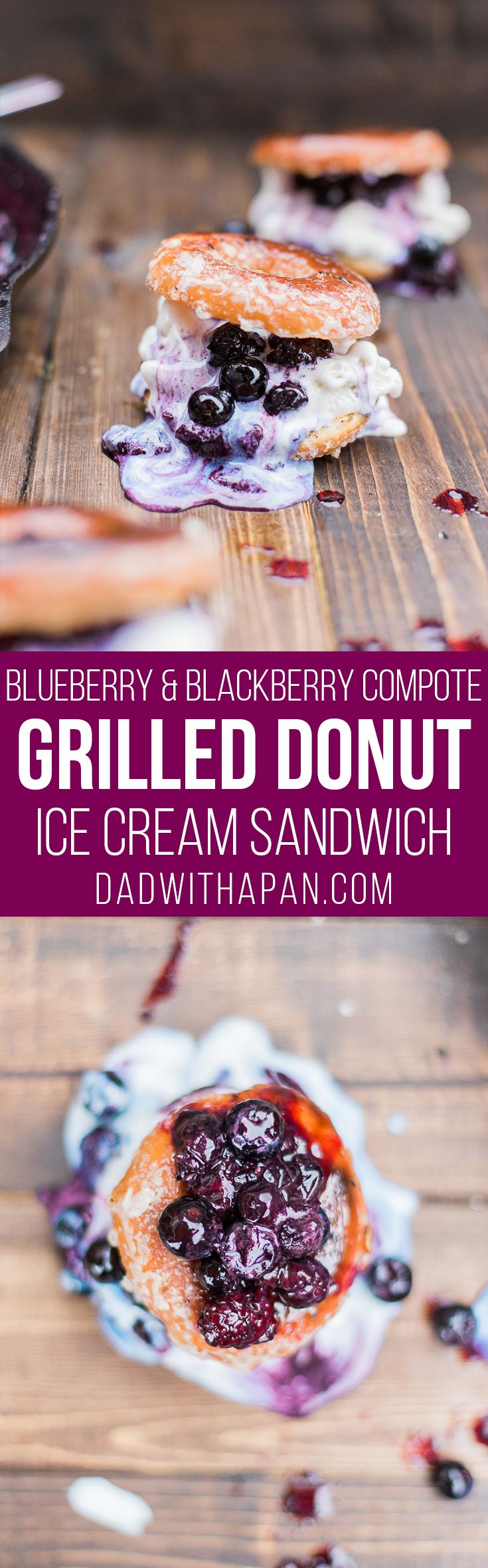 Grilled Donut Ice Cream Sandwich with a warm Blackberry Blueberry Sauce 