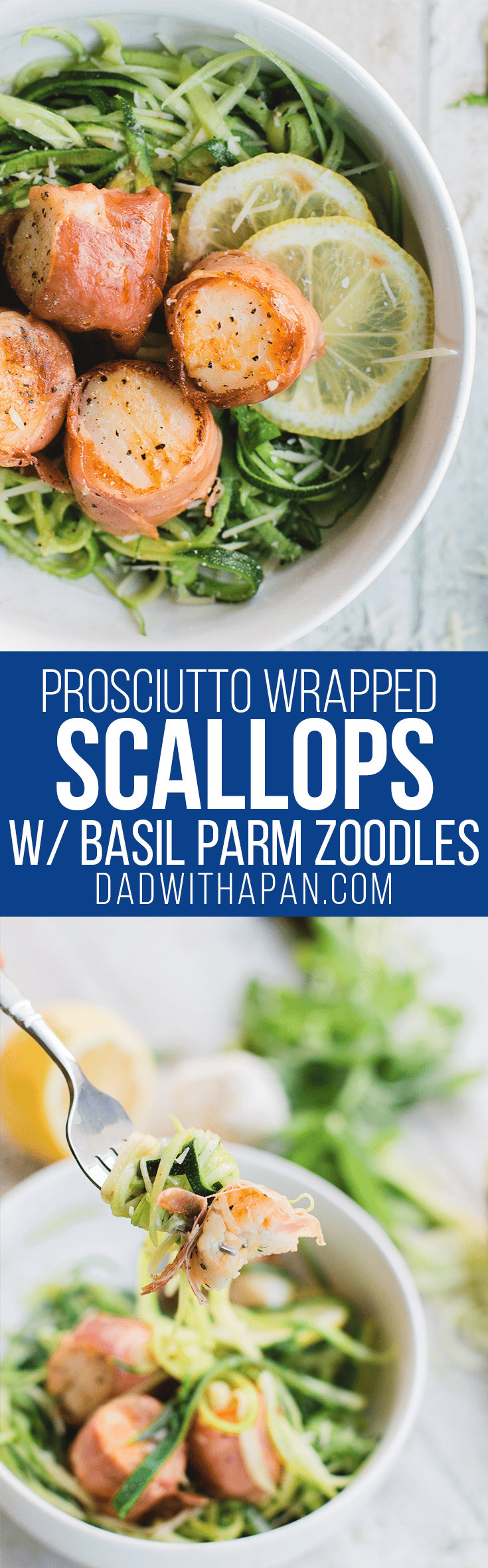Prosciutto Wrapped scallops served on Basil Parmesan Zoodles, this dish is light and fresh, and is full of flavor! 