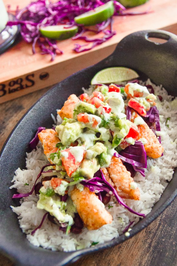 Fish Taco Bowl With Avocado Pico and Jalapeno Crema