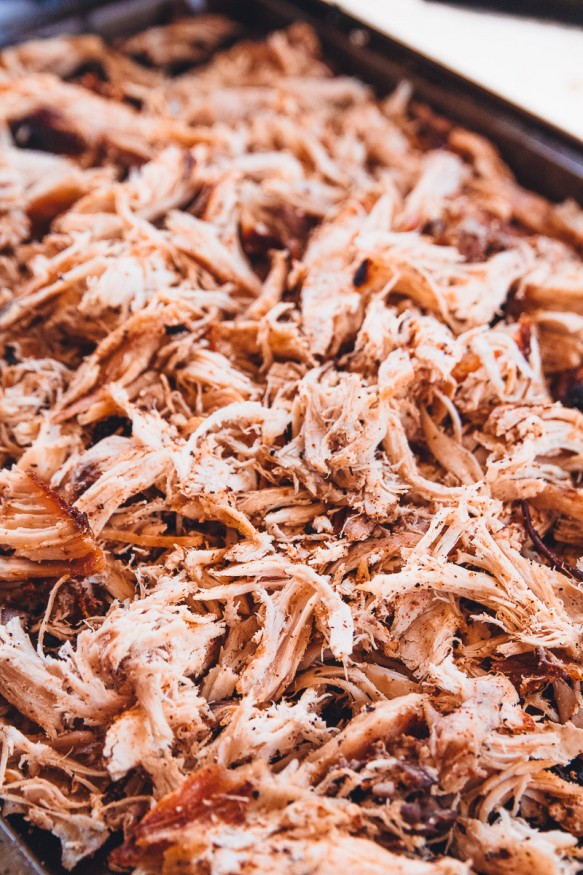 Slow cooked on the grill and apple wood-smoked barbecue pulled chicken with a home-made seasoning. Makes a great pulled pork sandwich substitute!