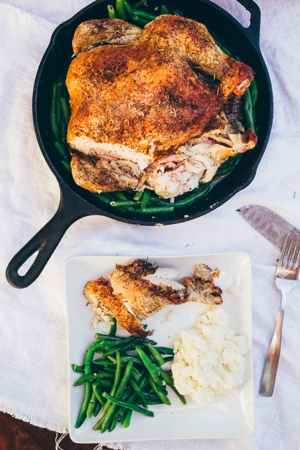 Crispy Herb Roasted Chicken with Sauteed Green Beans