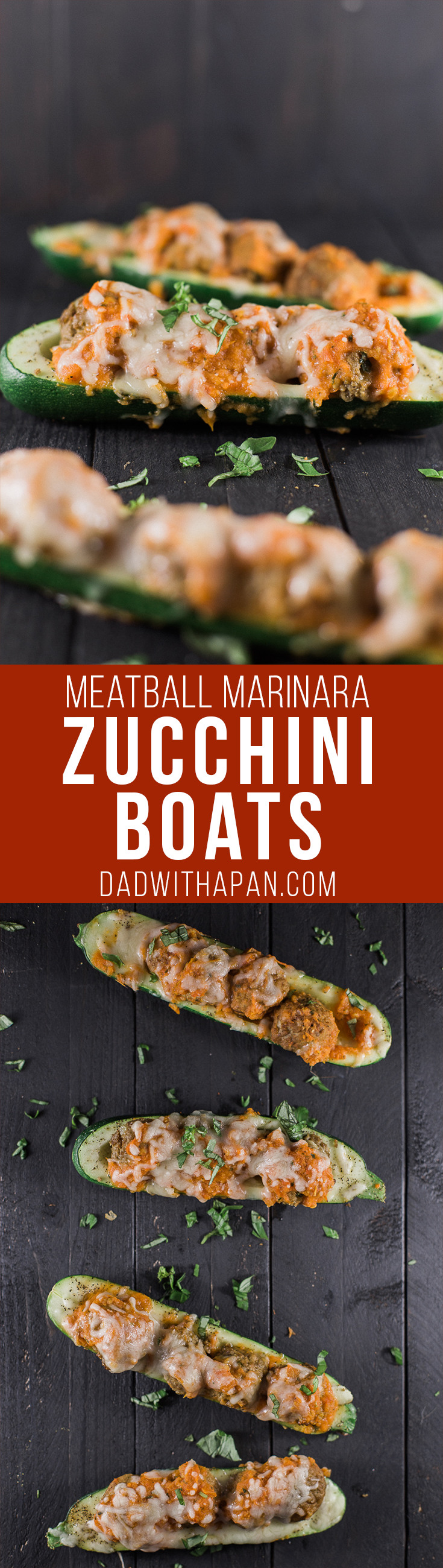 Zucchini boats topped with a quick and simple marinara made from fresh tomatoes, mozzarella, and Personal Trainer Food Meatballs