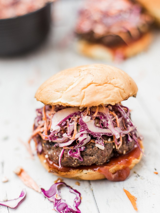 Bacon Bleu Cheese Cole Slaw Burger - A red cabage coleslaw topped on a half pound juicy burger. Amazing way to change up your burger night! dadwithapan.com