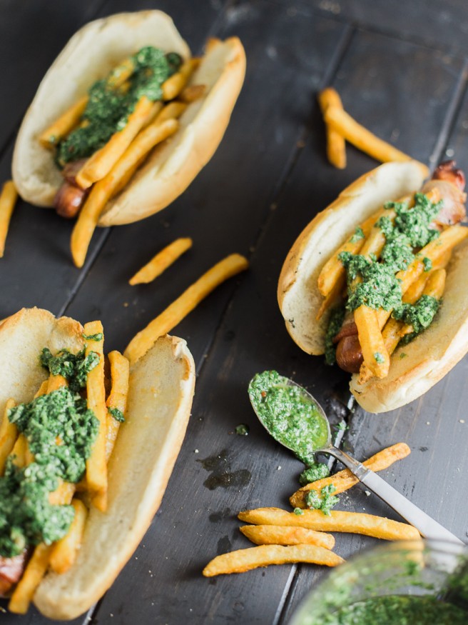 Chimichurri Fries on a bacon wrapped hot dog. YESSS!! - Dad With A Pan #Chimichurri #HotDog #Foodie