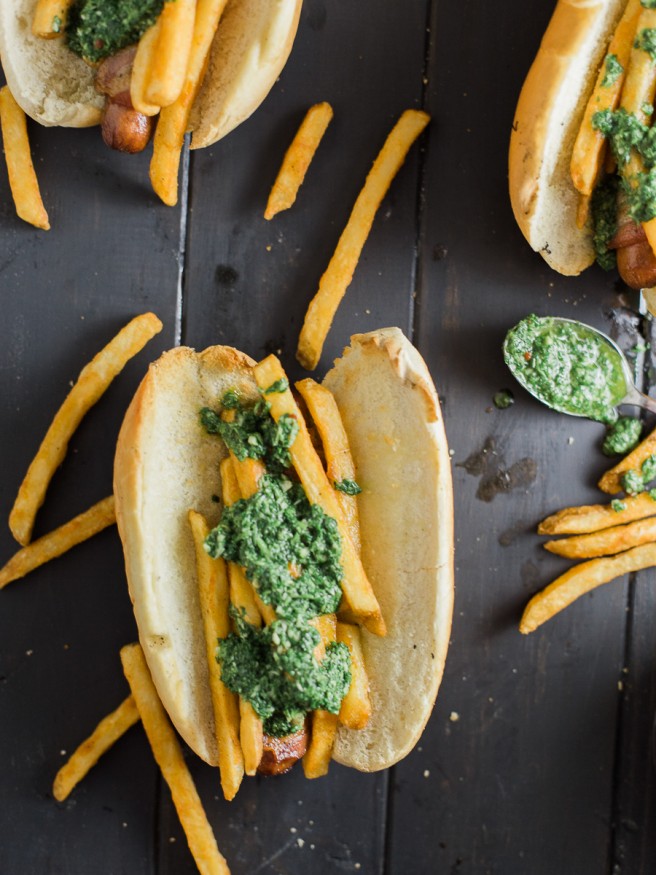 Chimichurri Fries on a bacon wrapped hot dog. YESSS!! - Dad With A Pan #Chimichurri #HotDog #Foodie