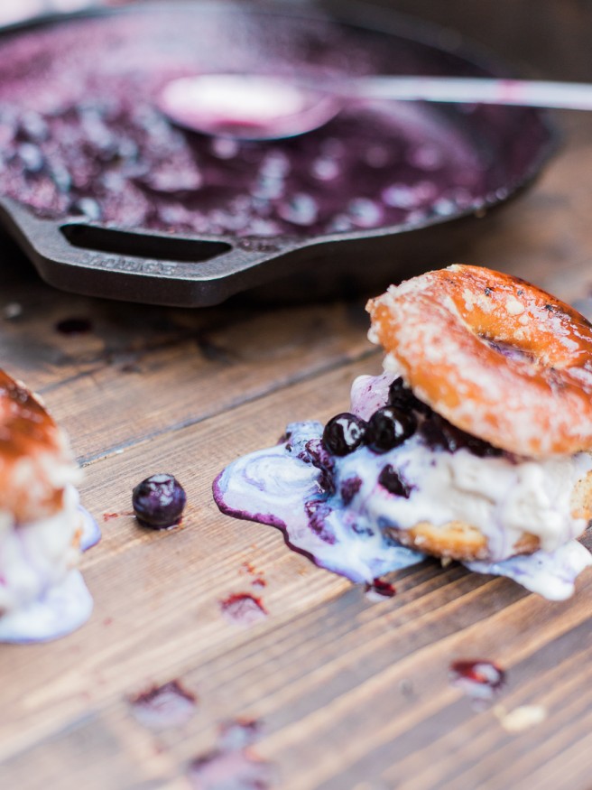 Grilled Donut Ice Cream Sandwich with a warm Blackberry BlueBerry Sauce #Dessert #Donuts #Grilled