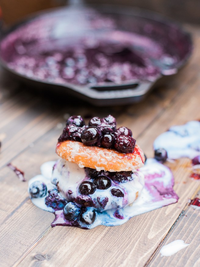 Grilled Donut Ice Cream Sandwich with a warm Blackberry BlueBerry Sauce #Dessert #Donuts #Grilled