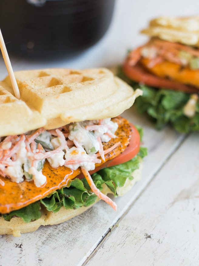 Buffalo Chicken Waffle Sandwich with a Carrot and Celery Bleu Cheese Slaw, This waffle sandwich is a buffalo wing meets chicken and waffles all in one! 