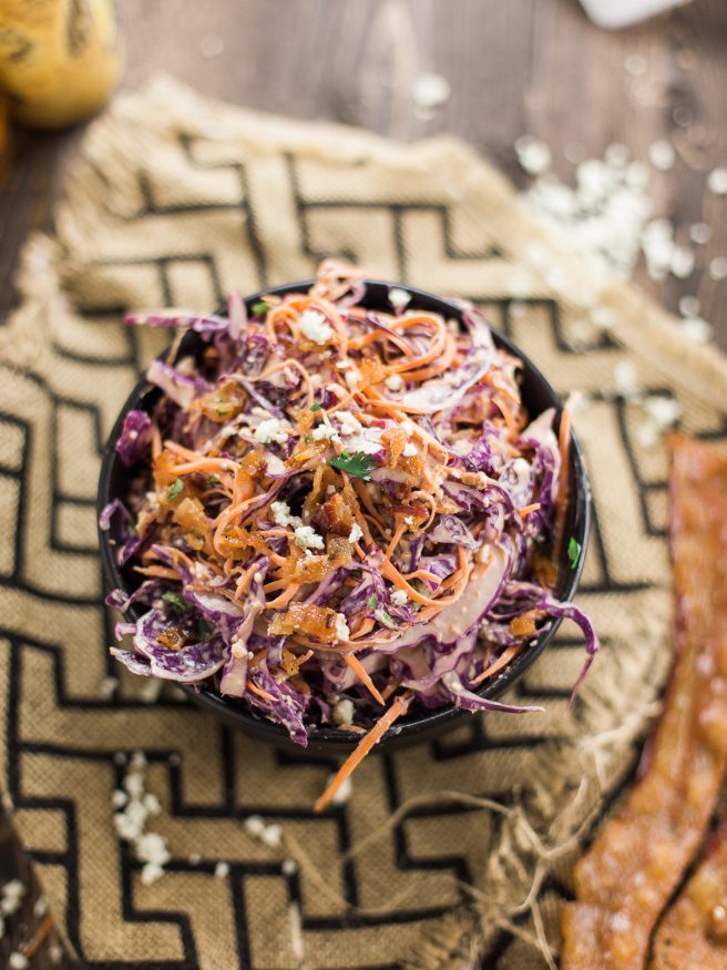 A Red Cabbage Cole Slaw with Bacon, Bleu Cheese, Dijon mustard, and a bit of cilantro makes this a fresh and flavorful cole slaw thats perfect for summer!