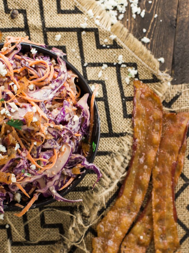 A Red Cabbage Cole Slaw with Bacon, Bleu Cheese, Dijon mustard, and a bit of cilantro makes this a fresh and flavorful cole slaw thats perfect for summer!