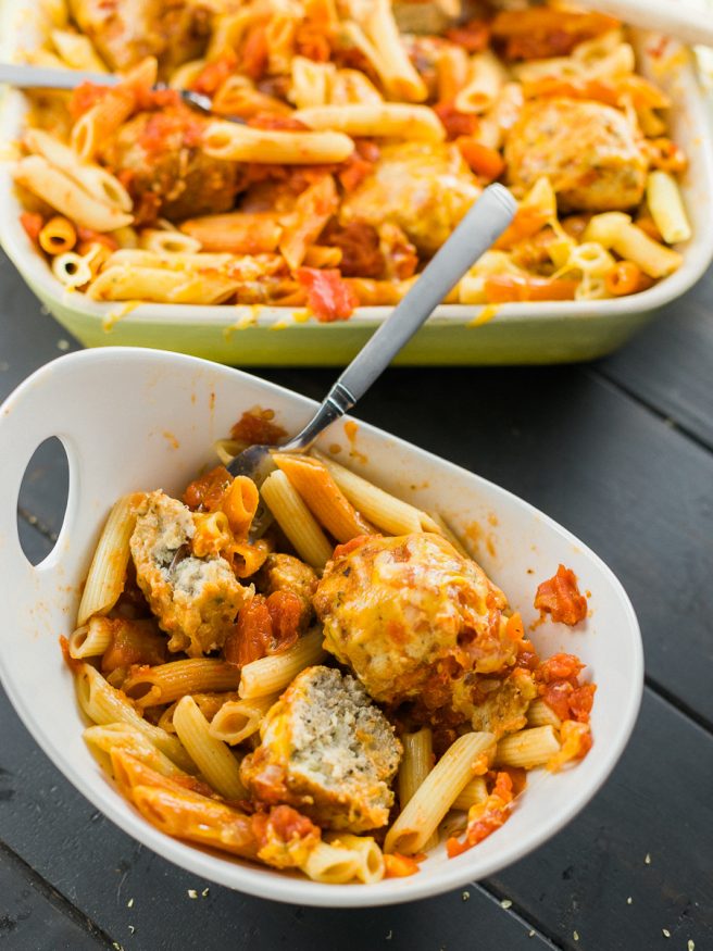Turkey Meatball recipe with basil, oregano, and breadcrumbs, added into baked ziti. Perfect for Sunday dinner full of flavor and a great beef alternative! 