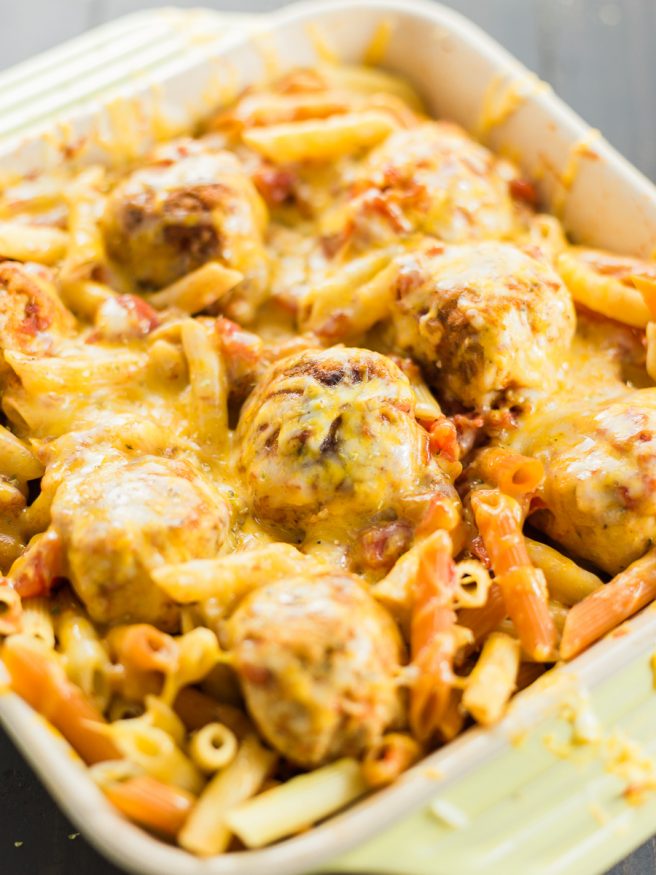 Turkey Meatball recipe with basil, oregano, and breadcrumbs, added into baked ziti. Perfect for Sunday dinner full of flavor and a great beef alternative! 