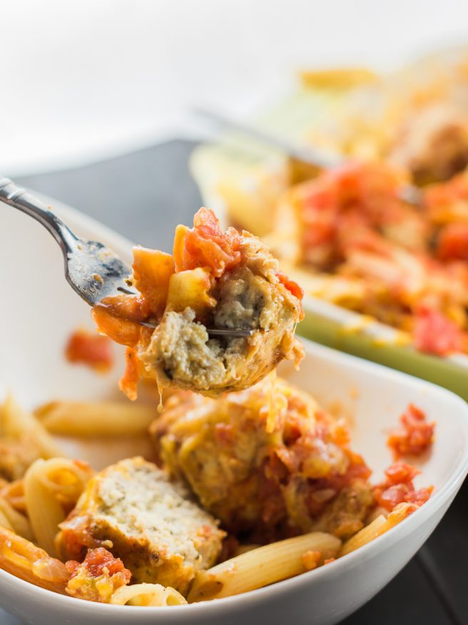 Turkey Meatball recipe with basil, oregano, and breadcrumbs, added into baked ziti. Perfect for Sunday dinner full of flavor and a great beef alternative! 
