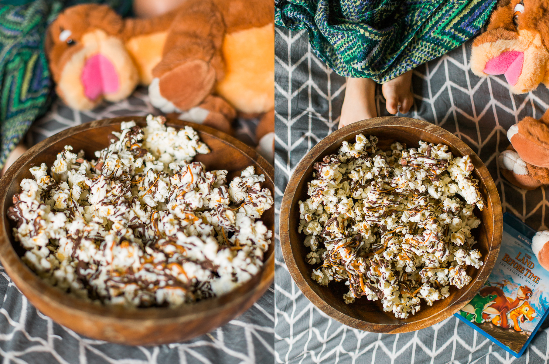 Zebra Popcorn recipe made a perfect companion for our Land Before Time Movie night! Drizzled with dark and white chocolate, caramel and chopped almonds!