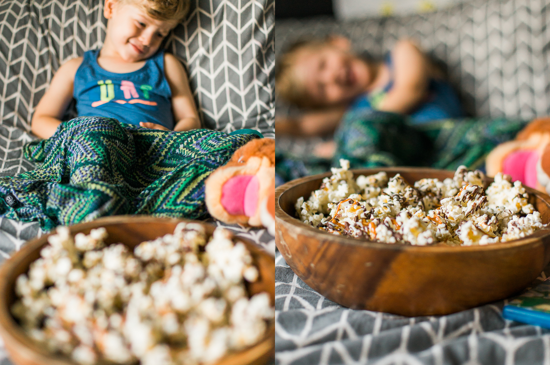 Zebra Popcorn recipe made a perfect companion for our Land Before Time Movie night! Drizzled with dark and white chocolate, caramel and chopped almonds!